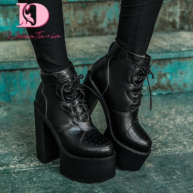 

Doratasia 2020 Exteme Square High Heels On Sale Autumn Winter Women Shoes Thick Platform shoelace Ankle Boots1, Black
