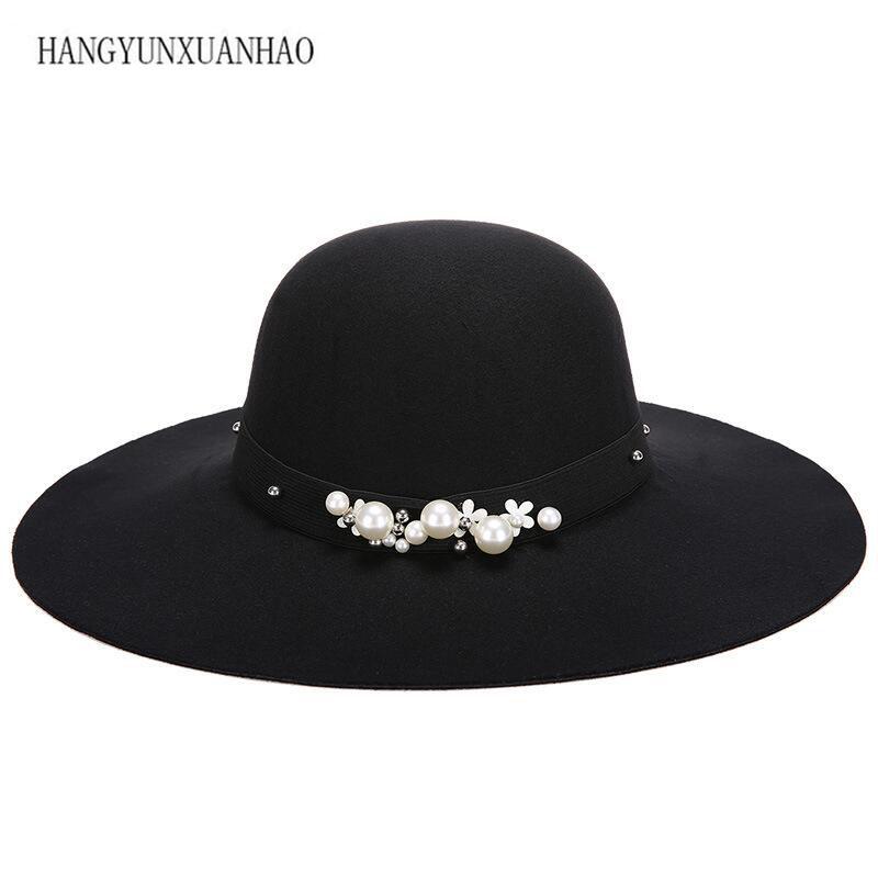 

Autumn Winter Hats Caps for Women Fashion Wool Felt Fedora Hat with Pearl Ladies Girls Wide Brim Top Hats Dome, Red