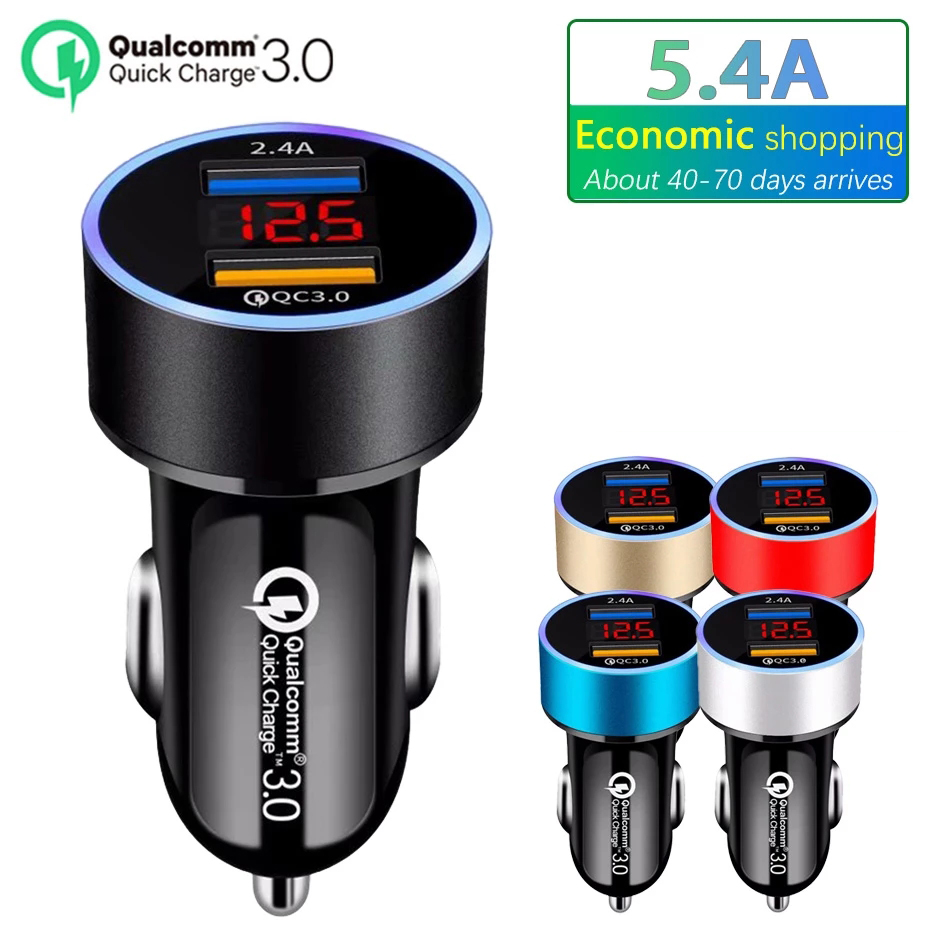 

Car Charger 3.0 A Dual USB 12-24V LCD Display Cigarette Socket Lighter QC For Iphone 11 Samsung Xiaomi Huawei, Silver