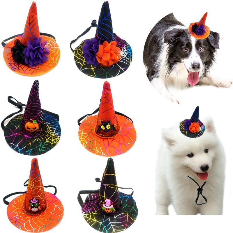 

50PC/Lot Halloween Cat Dog Hats Dog Accessories Pumpkin Witch Wizard Hat for Small Large Pet Supplies, As photo