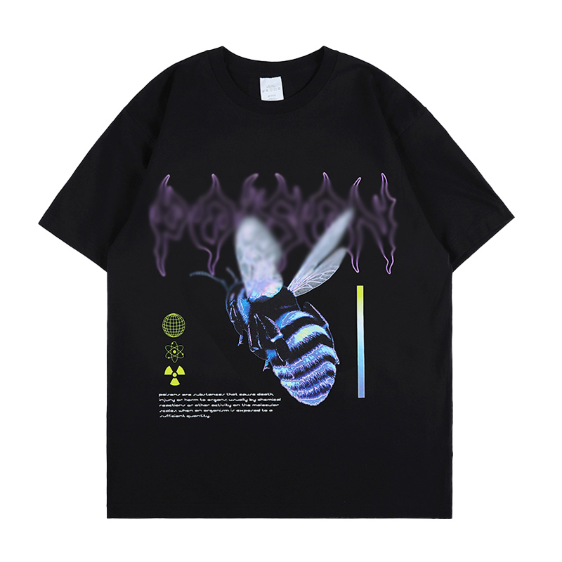 

2021 New Men's Summer Bee Print Shirts Cotton Crewneck Male Short Sleeve 5WOD, Black