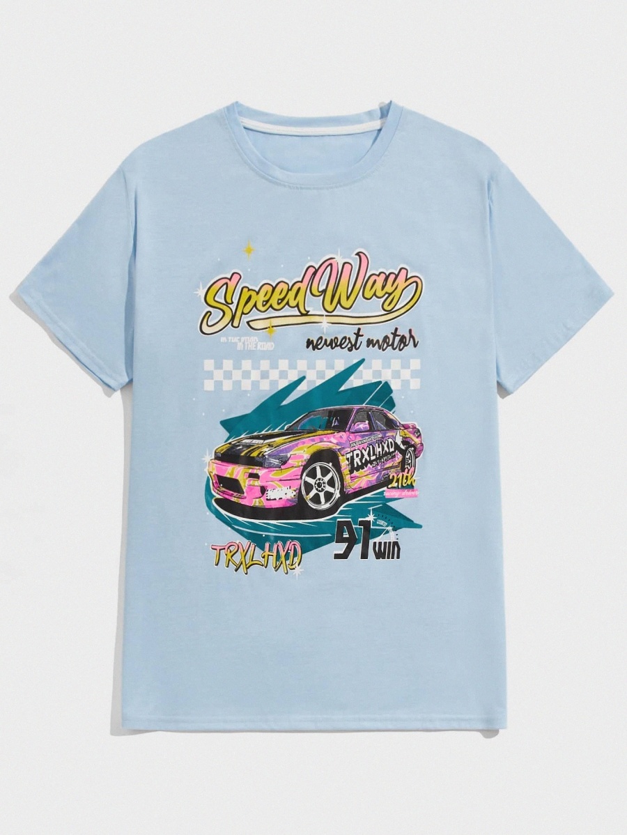 

ROMWE X Beakprod Guys Car & Letter Graphic Tee B8vT#, Blue