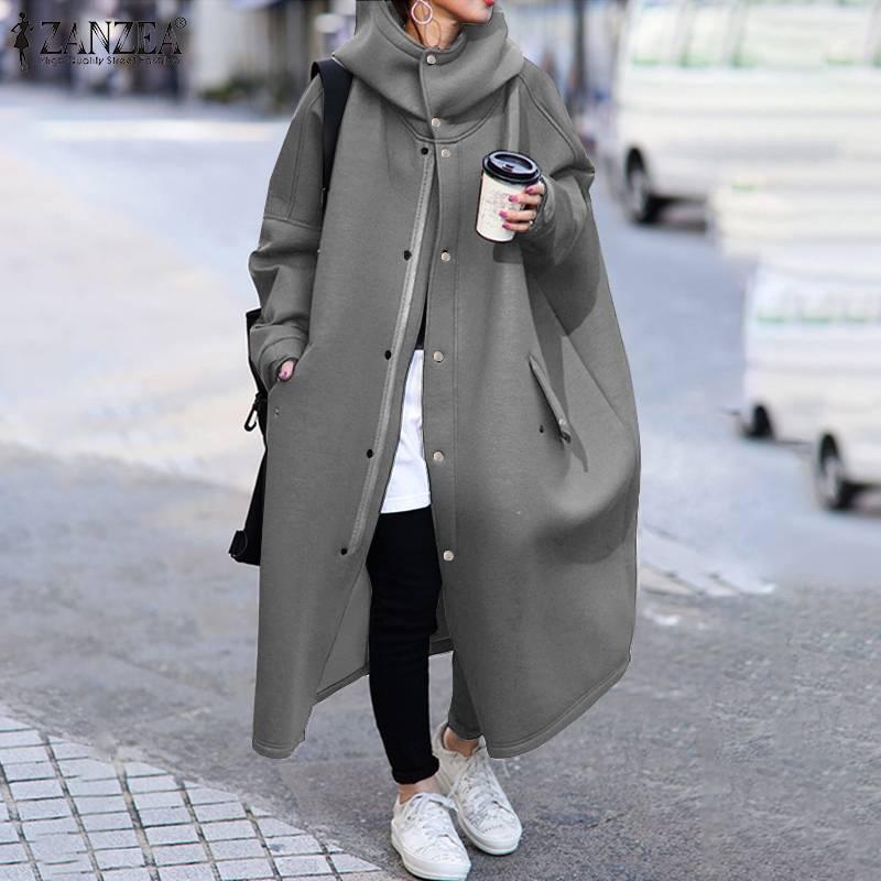 

Full Sleeve Outwear Casual Hoodies Fashion Women Winter Sweatshirt Coats ZANZEA Autumn Loose Zipper Long Jackets Female Overcoat, Black