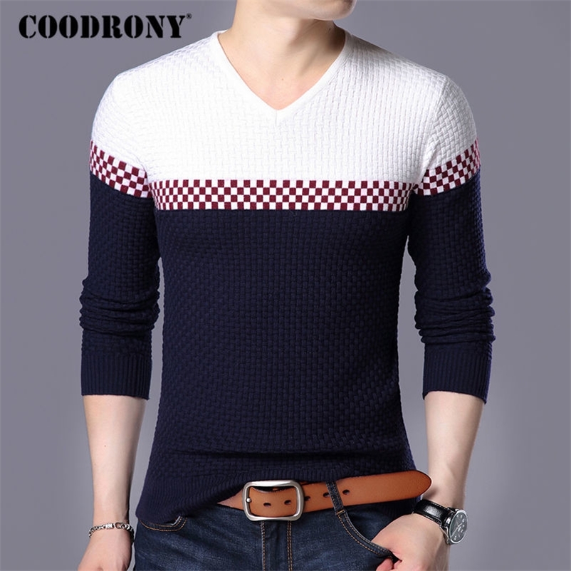 

COODRONY Autumn Winter Warm Wool Sweaters Casual Hit Color Patchwork V-neck Pullover Men Brand Slim Fit Cotton Sweater 7155 201203, Navy blue