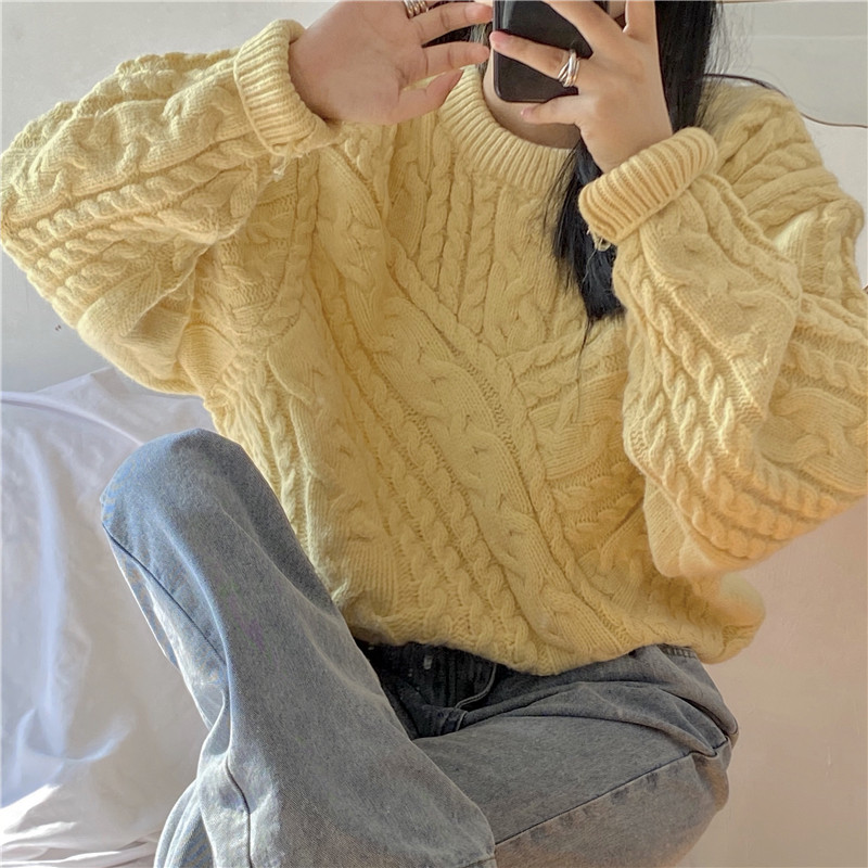 

2021 New Seoul Chic Korean Female Blouses Released Sweet Autumn Lanterns Sleeves Pink Round Turtlenecks Crocheted Pullover Jumpers ZLCX, Yellow.
