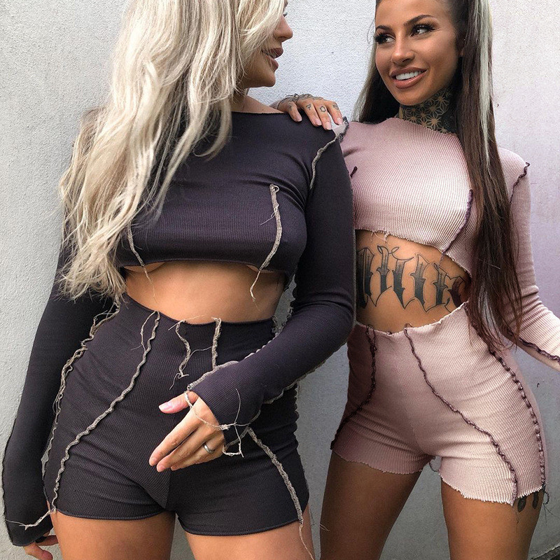 

Ribbed Knit Crop Top And Shorts Two Piece Sets Patchwork Fashion Bodycon Casual Women Long Sleeve Co-ord Set Spring Hot, Gray