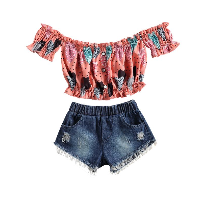 

Girl's 2Pcs Summer Clothes Set Printed Ruffled Boat Neck Single Breasted Short Tops with Short Ripped Jeans