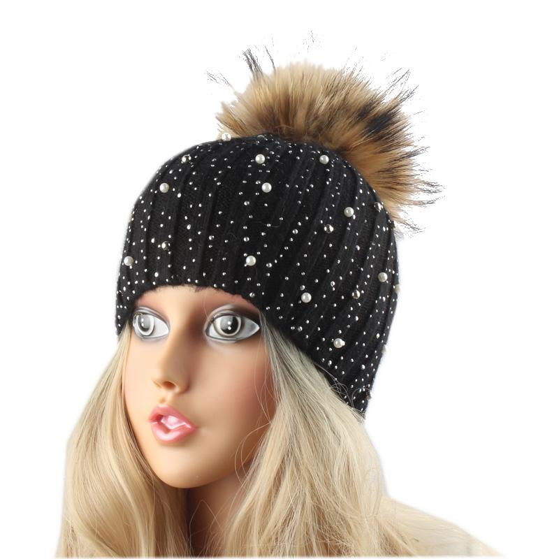 

FURANDOWN Women Winter Hat Fur Pompom Beanies For Girls Gorro Rhinestone Pearl Embed Wool Beanie Female Autumn Cap, White
