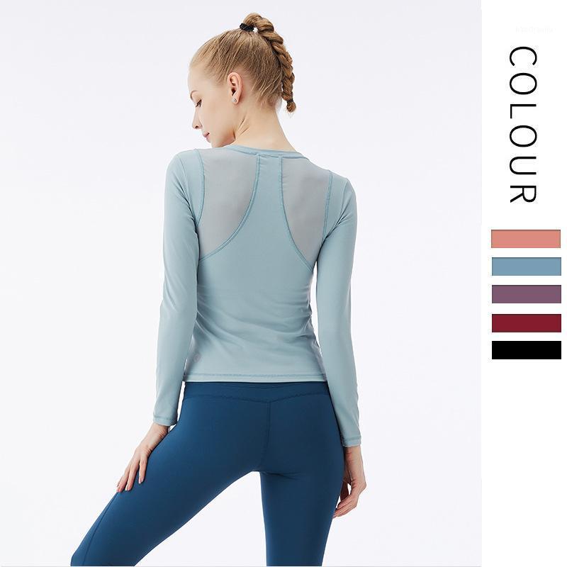 

2021 Beauty Back Top Woman Casual Net Yarn Splicing Tight Fitness Yoga Fitness Running T-Shirt Long-Sleeved Slim Sportswear1, Pink