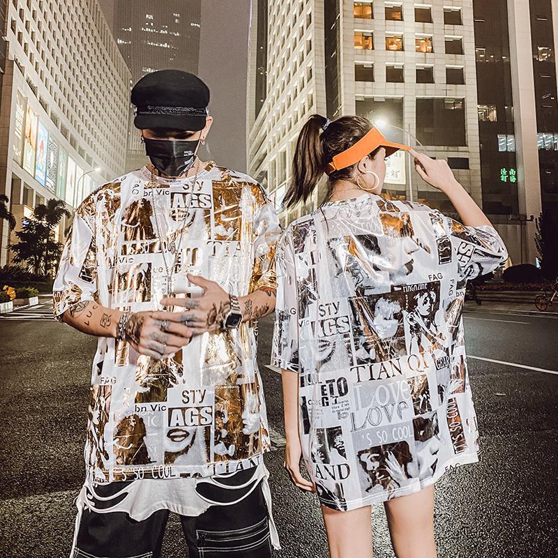 

New T-shirt Men Shiny Letters Silver Print Short Sleeve O-neck Fashion Oversized Casual Summer Man T shirt Women Tops Asia Size, Black