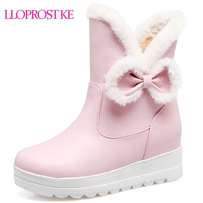 

Lloprost ke Sweet Pink Blac Thick Fur Wedges Platform Bowtie Snow Boots Plus Size Ladies Lolita Shoes Ankle Boots for Women D470, Black