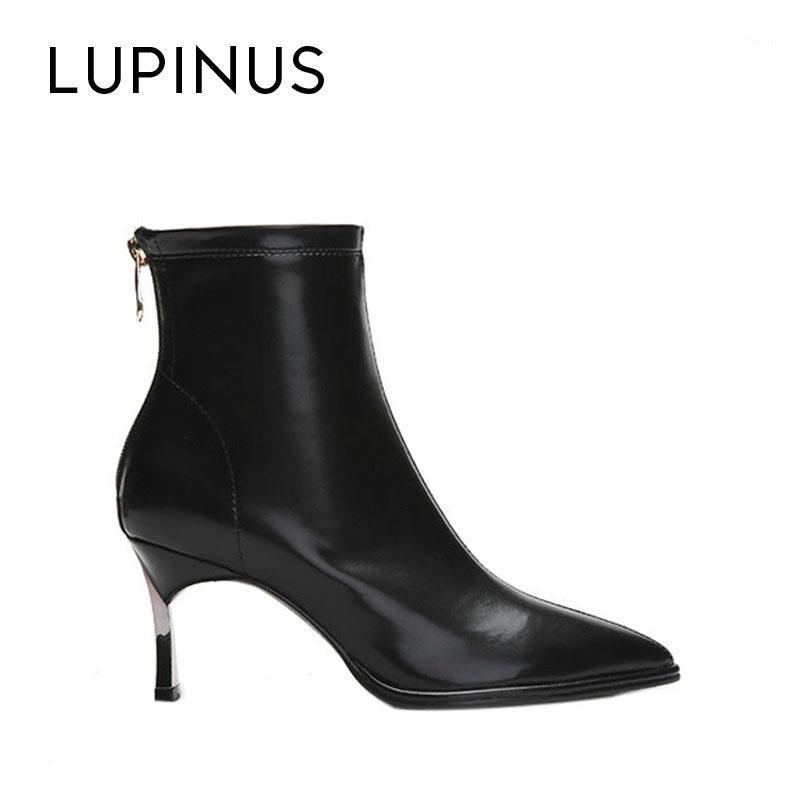 

Lupinus Autumn Leather Chic High Heel Ankle Boots For Women Design Fashion Back Zipper Casual Women Short Boots1, Black