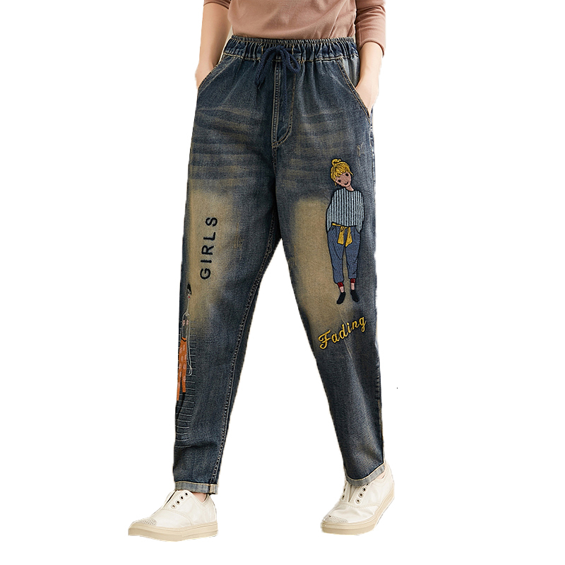 

and Fashions Embroidered in the Cartoons Hallen Women's Casual Pants Elastic Waistline Leg Loose Jeans Plus Size Qekd, Navy blue.