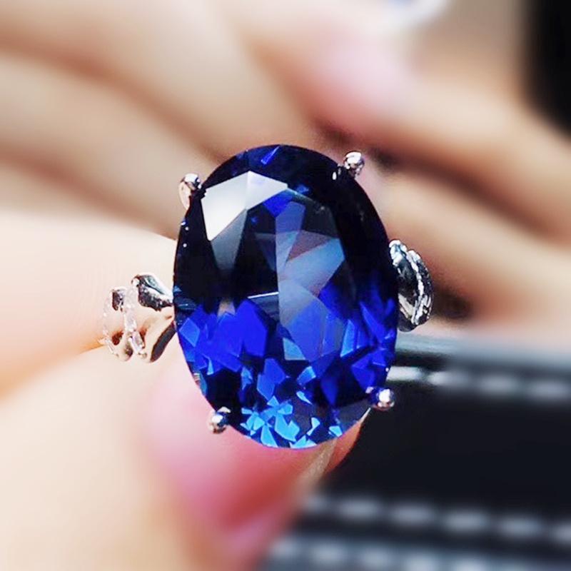 

Cluster Rings Blue Sapphire Oval Big Ring Per Jewelry 925 Sterling Silver 12*16mm 11ct Gemstone Fine Women J2120310, Golden;silver