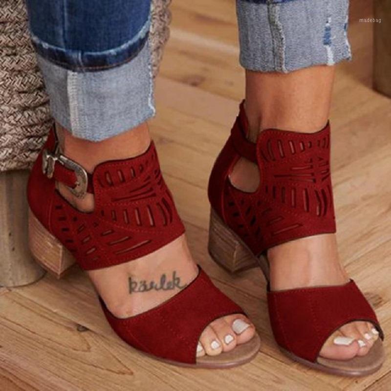 

New women high heels sandals gladiator summer open toe hollow out roman sandals red block heeled casual ladies shoes big size1, Black
