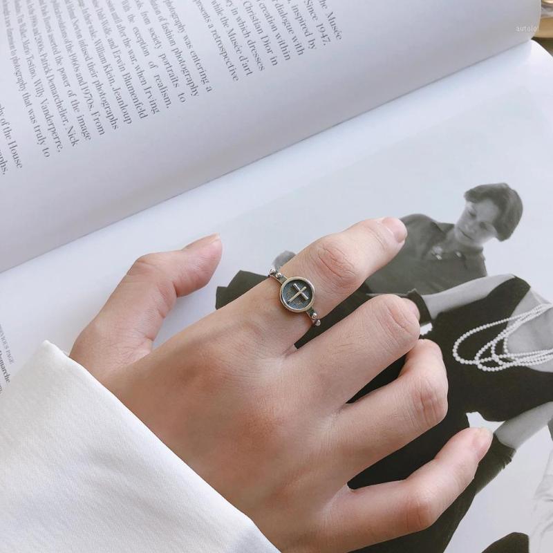 

Vintage Retro Authentic S925 Sterling Silver FINE Jewelry Religion Cross Coin round &Beads ring Open adjust TLJ7671