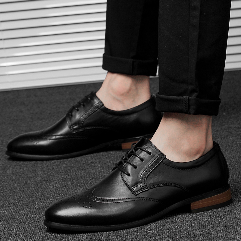 

Male Leather dress Shoes Breathable Pointed Toe Men Dress Shoes Lace-up Business genuine Leather wedding Black Flats
