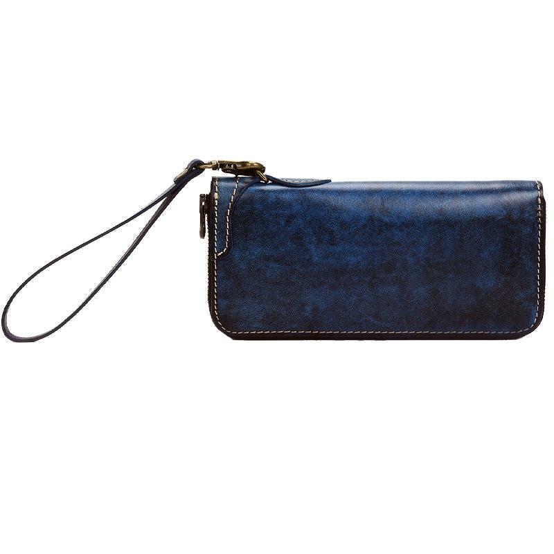 

Handmade Women Cow Leather BLUE Wallets Purses Men Clutch Vegetable Tanned Leather Hand Dyeing Wallet
