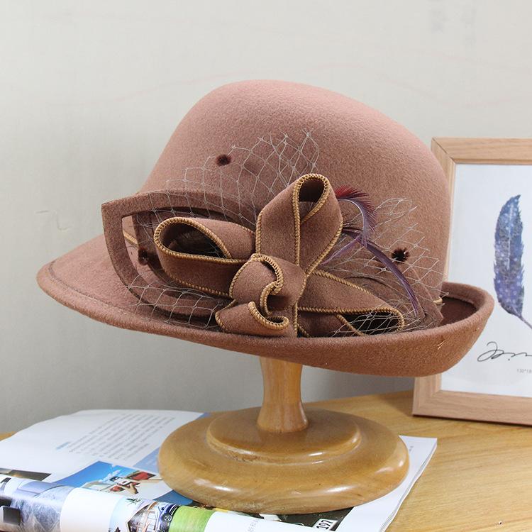 

Mingli Tengda Wool Red Hat Lady British Fashion Cap Curled Basin Hat Elegant Floral Woolen Warm Fascinator Chapeu Fedora, Flowers - wine red