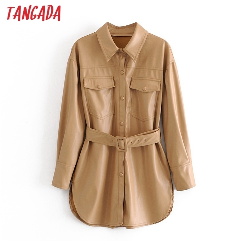 

Tangada Women khaki faux leather jacket coat turn down collar Ladies Long Sleeve loose coat with slash QN70 201210, Brown