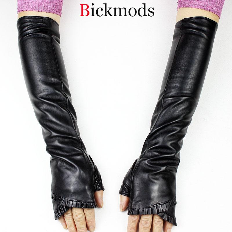 

2020 New Women's Long Sheepskin Gloves Ruched Lace Style Thick Velvet Lining Autumn Warm Half-finger Leather Arm sleeve