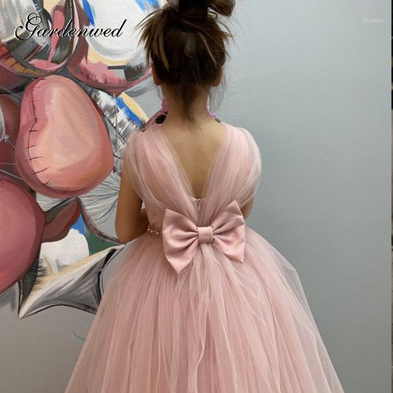 

Cute Pink Satin Bow Girl Wedding Dresses Kids Pearls Satin Sashes Princess Dress Girl Tulle Straps Pearls Shoulder Prom Dresses1, Champagne