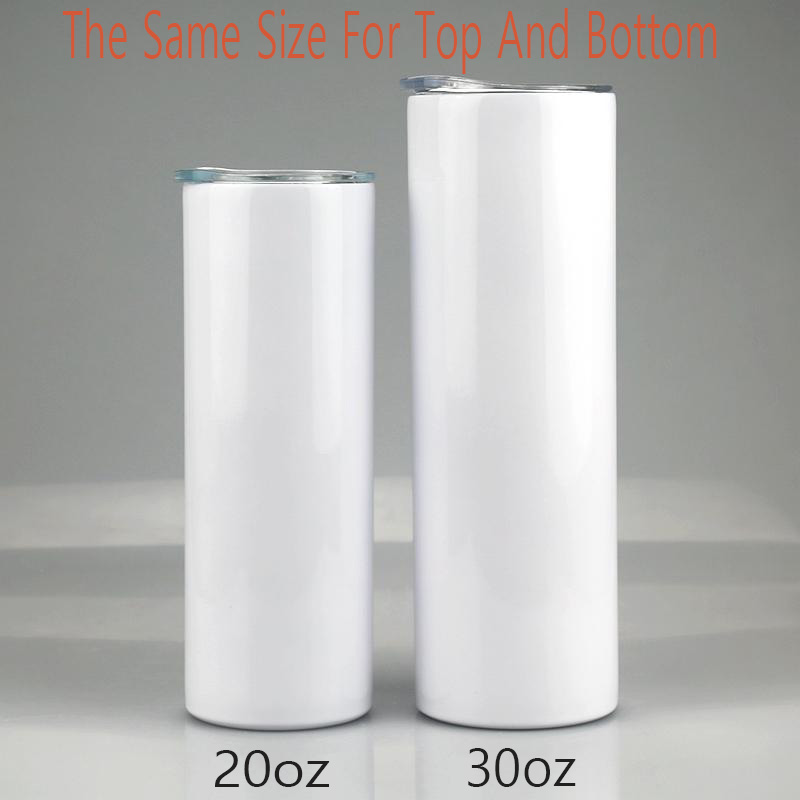 

20oz 30oz Blank Sublimation Skinny Tumblers Straight Cup Leak Proof Water Bottle With Lid Stainless Steel Slim Tumbler Cup, White