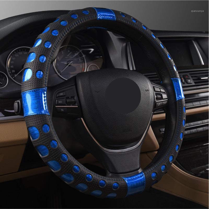 

Fashion Laser Brushed Leather Car Steering Wheel Cover 38cm Universal Anti-slip Steering Cover Black Blue Red Gold1