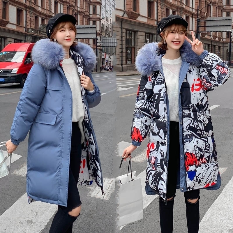 

women double two sides with fur collar long parka hooded printed winter fashion coats casual thick warm female jacket 201202, Black