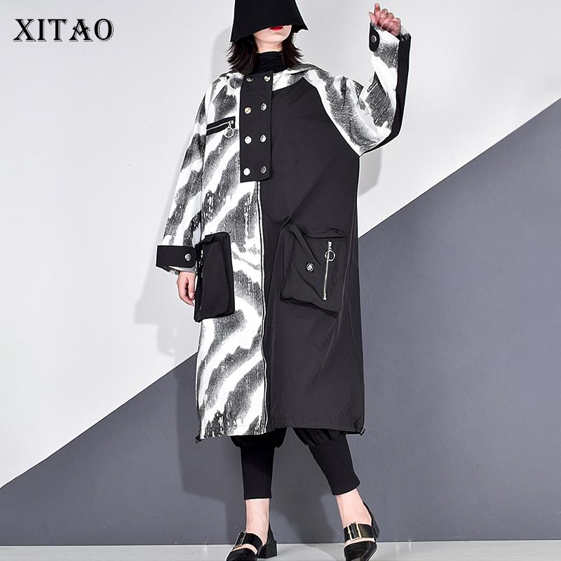 

XITAO Patchwork Print Trench Women Zippers Tide Fashion New Style Button Hooded Collar Long Sleeve Long Sleeve Pocket ZP2986, Black zp2986