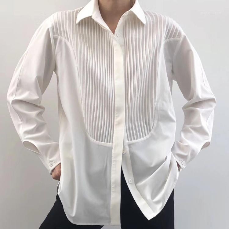 

Womens White Pleated Blouse 2020 New ong-sleeved ladies office Wear Loose single-breasted shirt and tops Clothes1