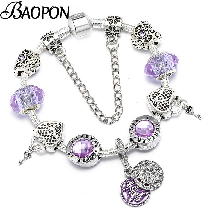 

BAOPON Silver Color Key & Lock Charm Bracelets & Bangles For Women With Crystal Beads Fine Bracelets Lover Jewelry Pulseras Gift