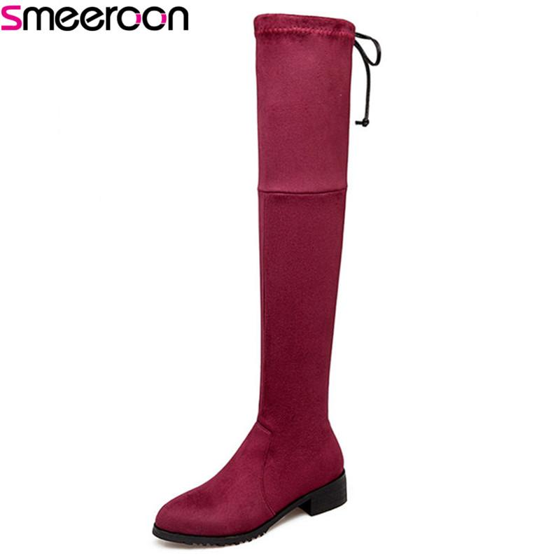 

Smeeroon pointed toe over the knee boots for women autumn winter boots slip on med heels women big size 34-43, Black