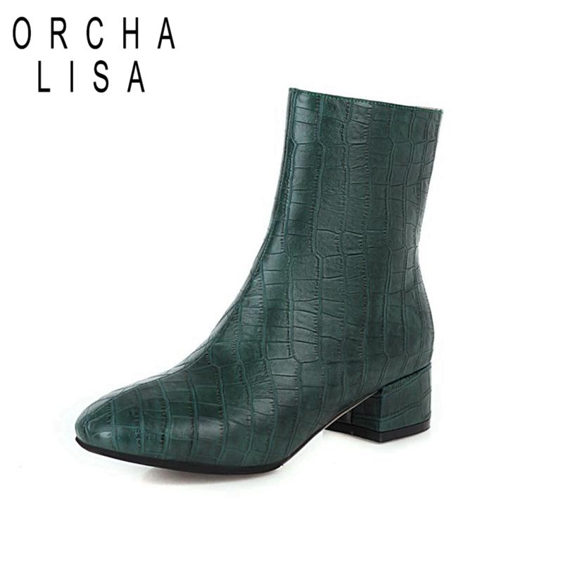 

ORCHALISA Winter Mid-calf boots Square toe 4cm Block heels checkered Zip Solid Big size 34-48 Black Green Apricot Work C2049