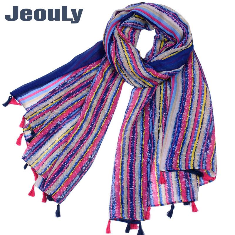 

Cross-border 2021 New Encryption Voile Scarf Color Stripe Printed Hanging Tassel Scarf Wholesale Scarves