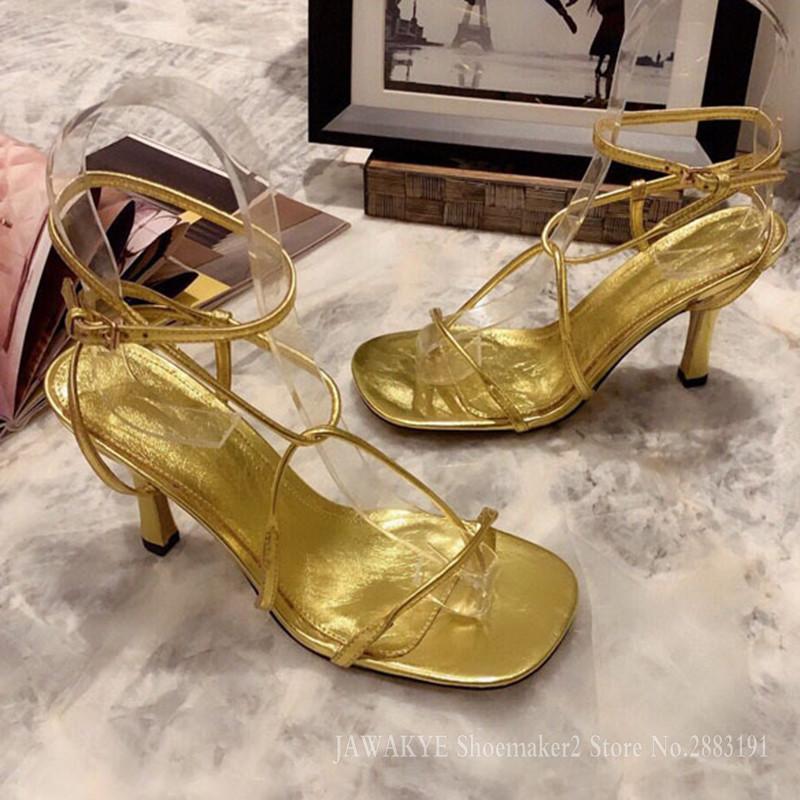 

New Flipflops Narrow Band Women Party Sandals Real Leather 9.5cm High Heel Runway Shoes Square Toe Ankle Strap Ladies Sandals, Gold