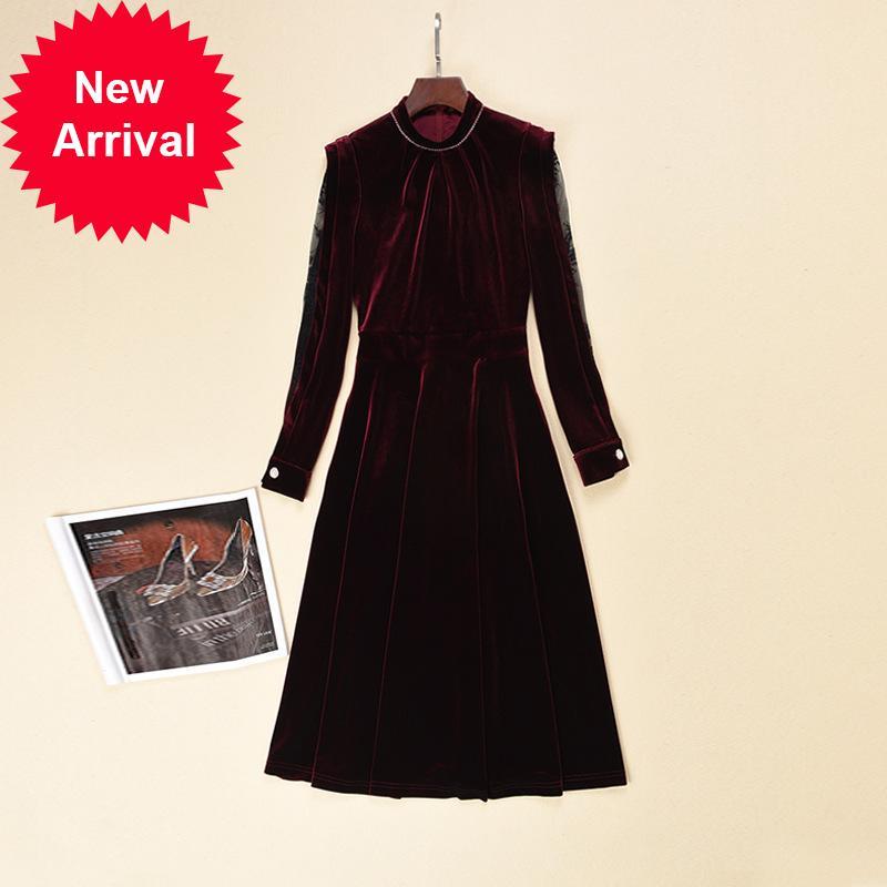 

2021 New Autumn Female Winter Dressed in Velvet Vintage Long Sleeves Leather Elegant Seam Vh07, Burgundy