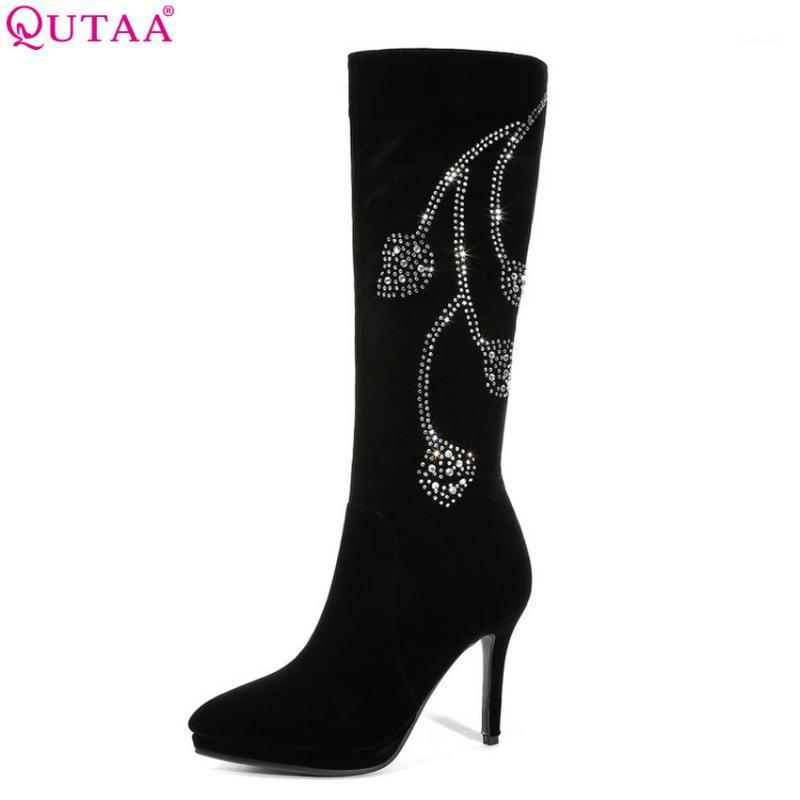 

QUTAA 2020 Women Knee High Boots All Match Thin High Heel Winter Shoes Pointed Toe Women Shoes Boots Big Size 34-421, Black