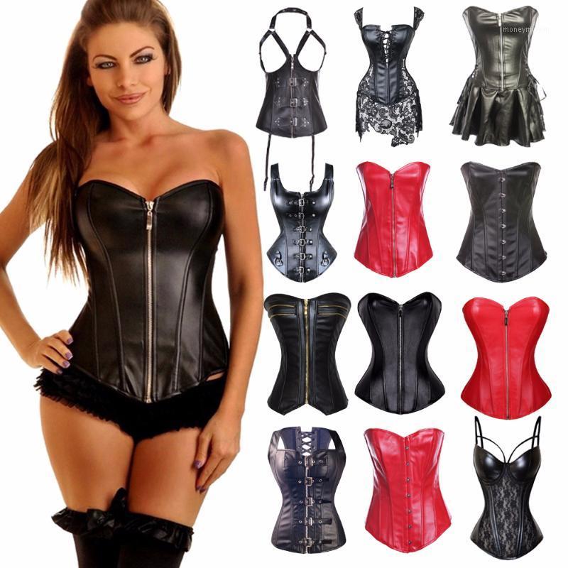 

Sexy Women Leather Gothic Bustier Steampunk Corset Steel Boned Corselet Overbust Lace Up Women Waist Cincher Corsets Black1, 8159 black