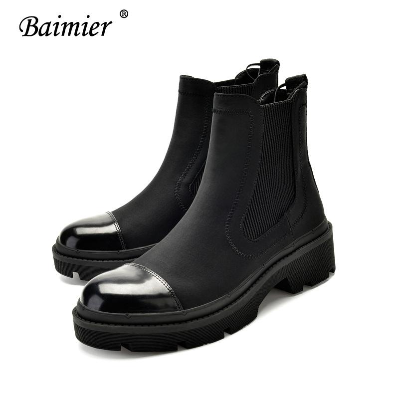 

2020 Baimier Black Stretch Fabric Women Sock Boots Round Toe Ankle Boots For Women Brand Design Slip On Platform