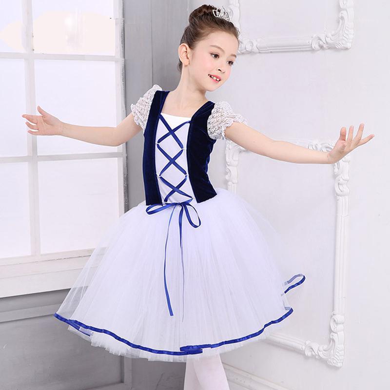 

New Dress Giselle Romantic Tutu Ballet Girls Child Velet Long Tulle Lace Ballerina Short Sleeve Leotard Dress1, Blue white