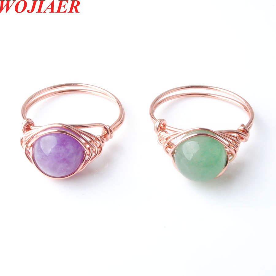 WOJIAER – bague à Quartz enroulée de fil de couleur or Rose, perle ronde en pierre de cristal pour femmes, bijoux 19mm (0.75 pouces), non réglabl
