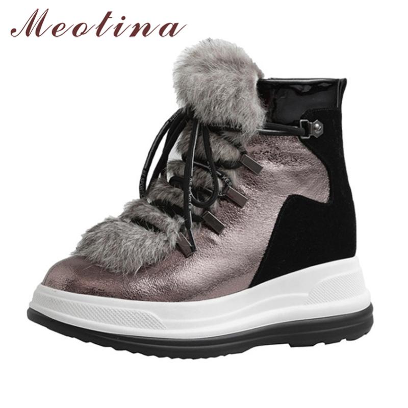 

Meotina Real Leather Natural Wool Fur High Heel Snow Boots Woman Shoes Zip Platform Wedge Heels Short Boots Lace UP Ankle, Silver