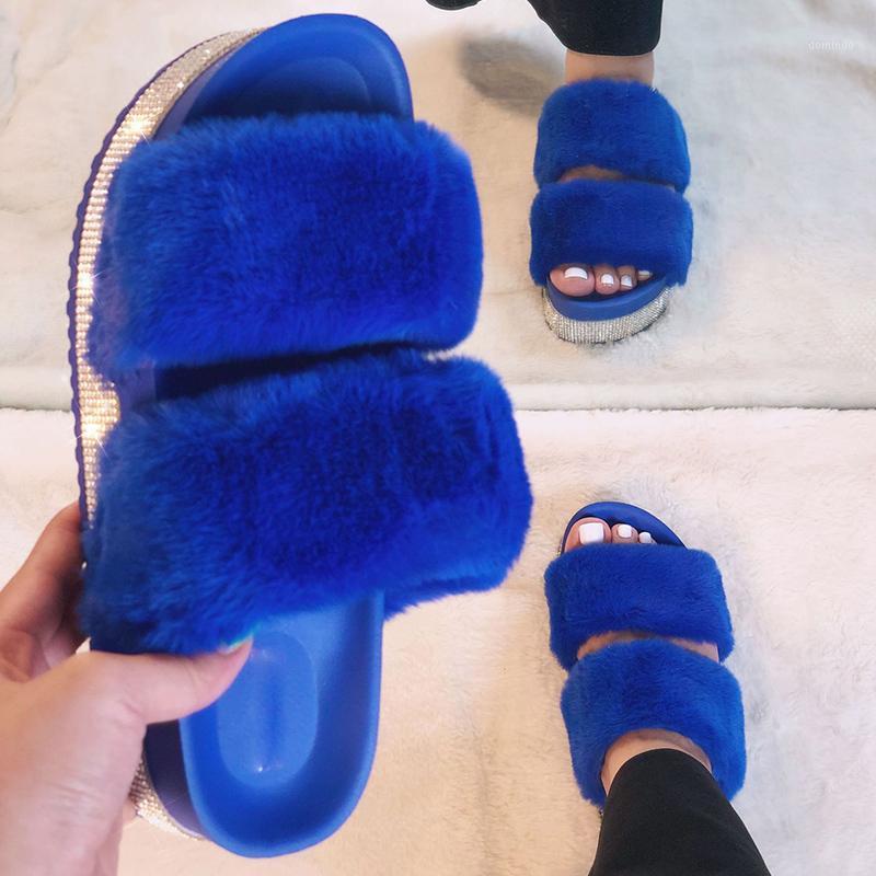 

2020 Women Slippers Fashion furry Fluffy Fur Slides Home Flip Flops Crystal House Platform Shoes Woman Female Ladies Slippers1, Pink