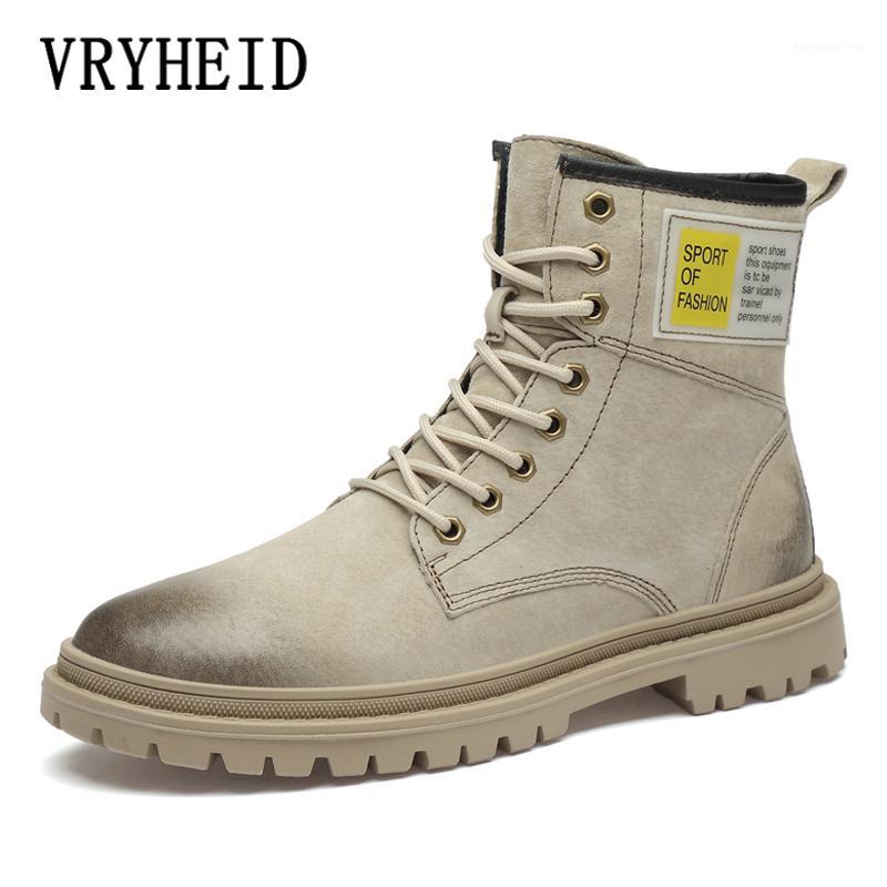 

VRYHEID Autumn Winter Fashion Men Boots Genuine Leather Ankle Boots Male Work Shoes Men Warm Fur Snow Casual for Botas1, Khaki no fur