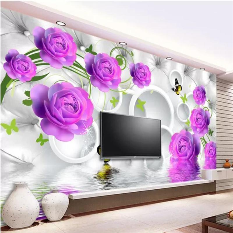 

mural Custom wallpaper 3D 3d purple rose elegant fashion water reflection TV background wall living room bedroom wallpaper1, As pic
