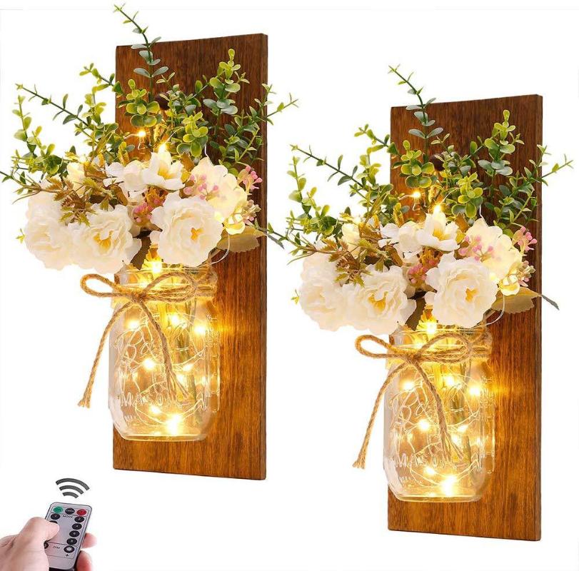 

2pcs/lot Wall Sconces Mason Jar Hanging Remote Control LED Fairy Flower Lights Wall Home Decor 6 Hours Timer Rose /Peony Lights
