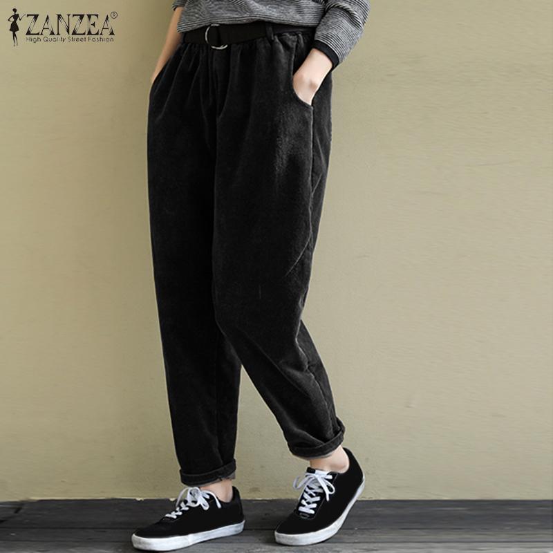 

Women' Harem Pants 2020 ZANZEA Corduroy Trousers Elegant Button Long Turnip Female Mid Wasit Pantalons Plus Size Casual Palazzo, Black