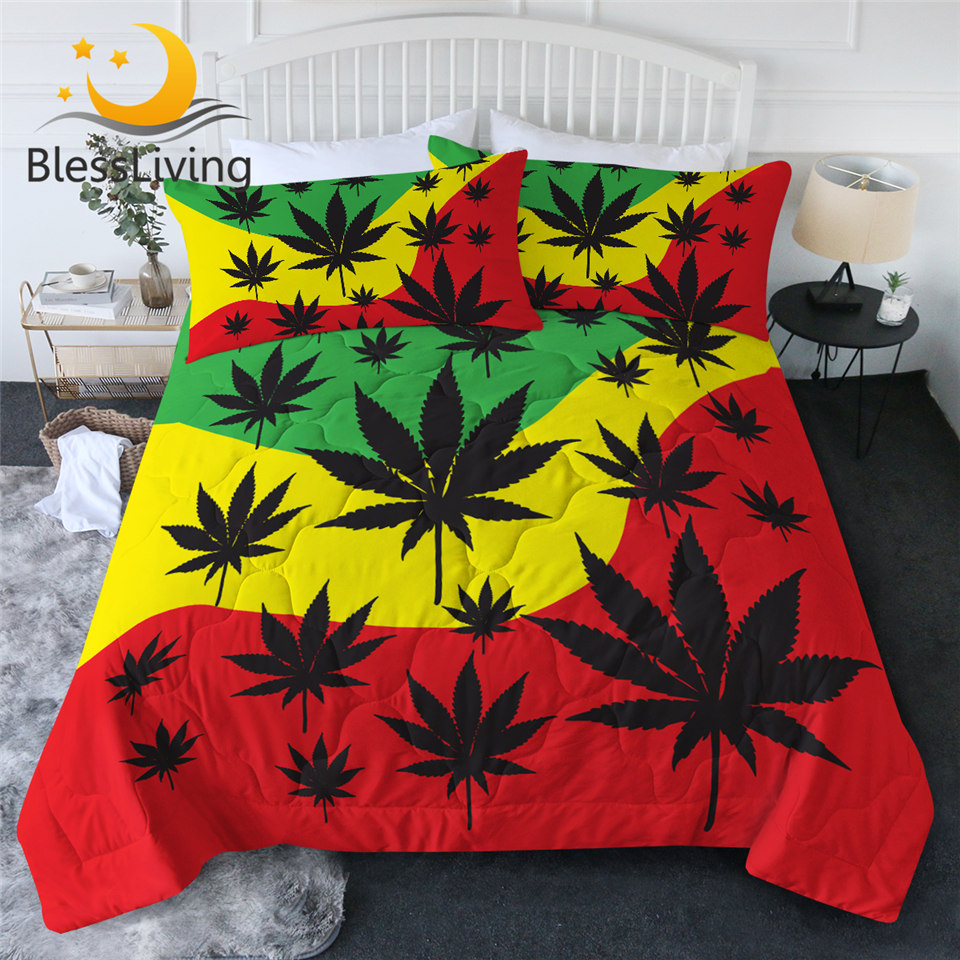 

BlessLiving Summer Bedspread Bedding 3 Piece Red Yellow Green Leaves Thin Duvet Modern Quilt Set edredom, 001