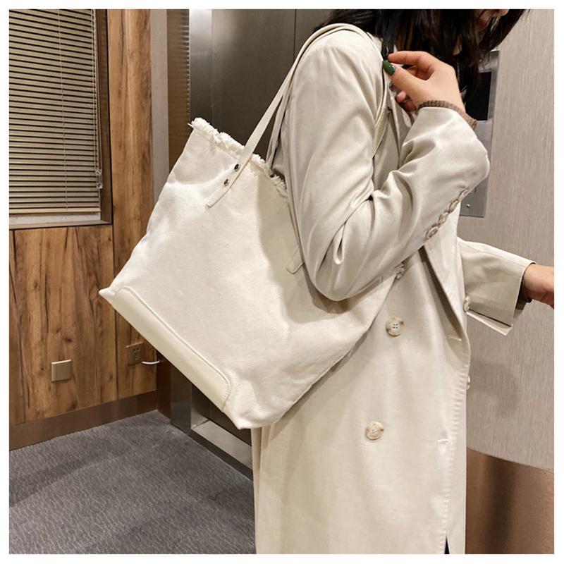 

White Canvas Shopping Bags Eco Reusable Foldable Shoulder Bag Large Handbag Fabric Cotton Tote Bag for Women Shopping Bags, Black